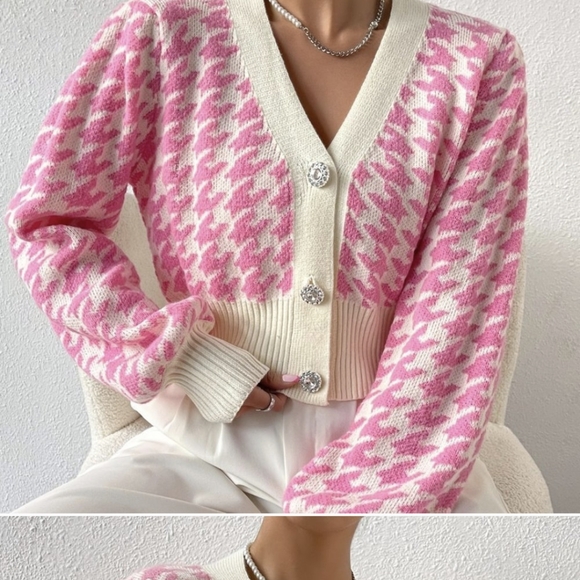 Pink Preppy Womens Houndstooth Pattern Lantern Sleeve Cardigan - Picture 3 of 12